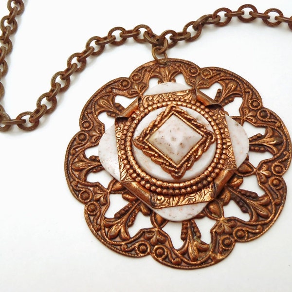 Vintage Copper Finish Medallion Pendant and Chain Necklace 1960s Swinging Sixties A-Go-Go Jewelry