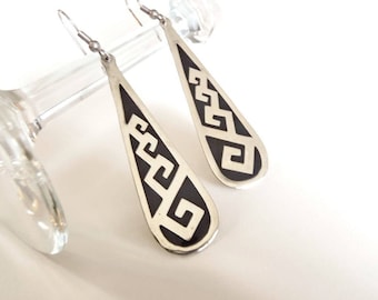 Vintage Alpaca Earrings from Mexico Large Black and Silver Tone Elongated Teardrop Dangles with Geometric Aztec Motif Pierced Ear Wires
