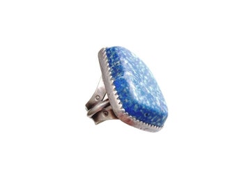 Vintage Ring: Massive Lapis Lazuli Ring Sterling Silver, Large Bold Blue Cabochon Stamped Design 1970s Handcrafted Silver Jewelry Size 8-1/4