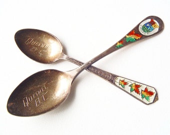 Two Sterling Spoons Engraved Quesnel B.C.  Lot of 2 Silver and Enamel Souvenir Spoons Made by Breadner Manufacturing Co. BMCo Canada 1950s