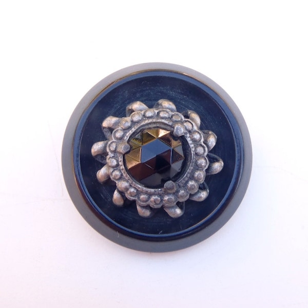 Antique Jewel Button Black Faux Faceted Stone Decorative Silver Tone Metal Escutcheon Early Plastic Black Button 1930s Fashion Accessory