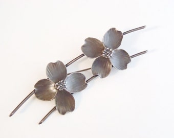 Stuart Nye Sterling Silver Brooch Older Vintage Two Classic Dogwood Blossoms on Curved Wire Arc Design Handmade Signed Nye Clover Logo
