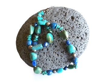 Necklace: Vintage Handmade Turquoise & Lapis Lazuli Beads and Nuggets w/ Hollow Silver Beads Colorful Boho Greenish Blue Dark Blue + Silver
