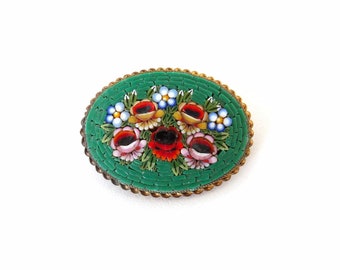 Vintage Micro Mosaic Brooch Glass Tesserae Floral Design in Brass Bezel with Twisted Wire Delicate Green Background for Colorful Flowers Pin