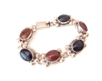 Link Bracelet Sterling Silver and 6 Obsidian Oval Cabochon Linked Bezel Settings w/ Raindrops, Twisted Wire, Box Clasp, Handmade Mexico 925