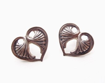 Vintage Sterling Silver Earrings Art Nouveau Style Foliate Heart Design Graceful & Lightweight Post Backs Die-cut and Pressed Repoussé