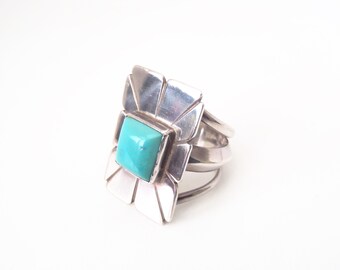Handmade Sterling Silver Turquoise Ring, Vintage Southwestern Style (Size 10.25)