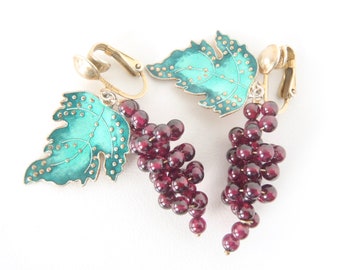 Lovely Vintage Gilt Vermeil Sterling silver with Amethyst Clip-On Earrings - Grape Cluster Leaf Dangles - Gentle Hinge Fine Champlevé Enamel