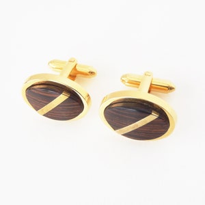 Cuff Links —Sleek Dark Brown Hardwood Ovals w/ Gold Tone Metal Diagonal Bars— Minimal Midcentury Modern 1960s Danté Cufflinks in Orig Box
