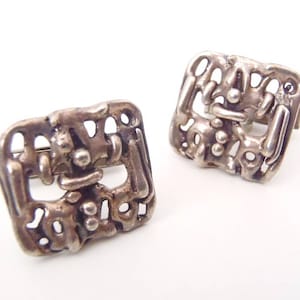 Brutalist Cuff Links Cast Silver Squares in Abstract 1950s-1960s Brutalist Style Unknown Maker Marked C2 Vintage Midcentury Toggle Cufflinks
