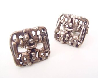 Brutalist Cuff Links Cast Silver Squares in Abstract 1950s-1960s Brutalist Style Unknown Maker Marked C2 Vintage Midcentury Toggle Cufflinks