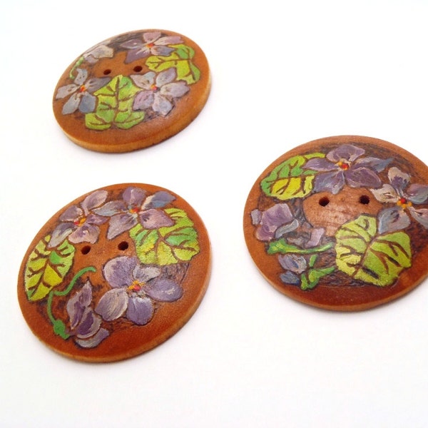 Hand Painted Buttons Vintage Wooden Set of Three (3) Purple Flowers and Green Leaves Round Domed Signed Herbein Each 1-9/16 Inches Diameter
