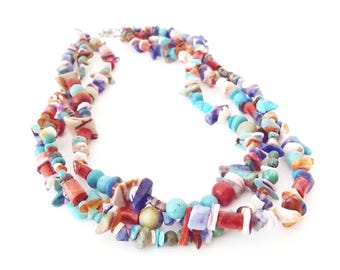 Vintage Handmade Colorful Bead Necklace with 3 Strands of Exotic Stones and Shell Beads - Sky Blue Turquoise, Red Coral, Heishi and More