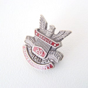 Vintage U.S. Government 20 Years Service Lapel Pin Sterling Silver Red Enamel Eagle & Shield Hinged Pin w/ Safety Catch 1960s Wallace Co Inc