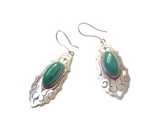 Vintage Silver & Emerald Green Glass Dangle Earrings: Handmade Rancho Style Ornate Cut Out Hook Earrings w/ Bezel Set Green Oval Cabochons