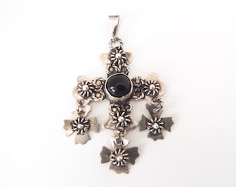 Sterling Silver Cross Pendant: Intricate Taxco Made Yalálag Style Patonce Cross Signed JCB, w/ Bale, 3 Dangles, Wirework, Black Onyx Stone