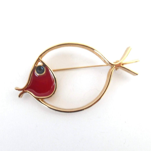 Vintage Signed ©SARAH CANADA Fish Brooch Large Whimsical Pin Gold Tone Textured Band Fish Outline with Red Face & Deep Blue Eye