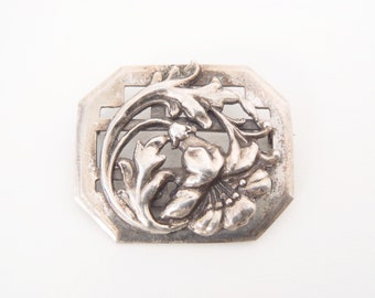 Vintage 1940s Sterling Silver Art Deco Brooch Pin Three Dimensional Floral Design Geometric Background Classic Deco .925 Jewelry