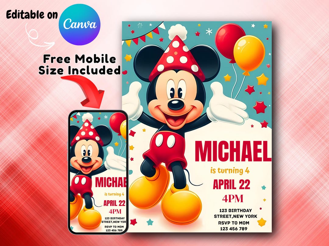 Mickey Mouse Birthday Invitation Template Editable Canva | Classic ...