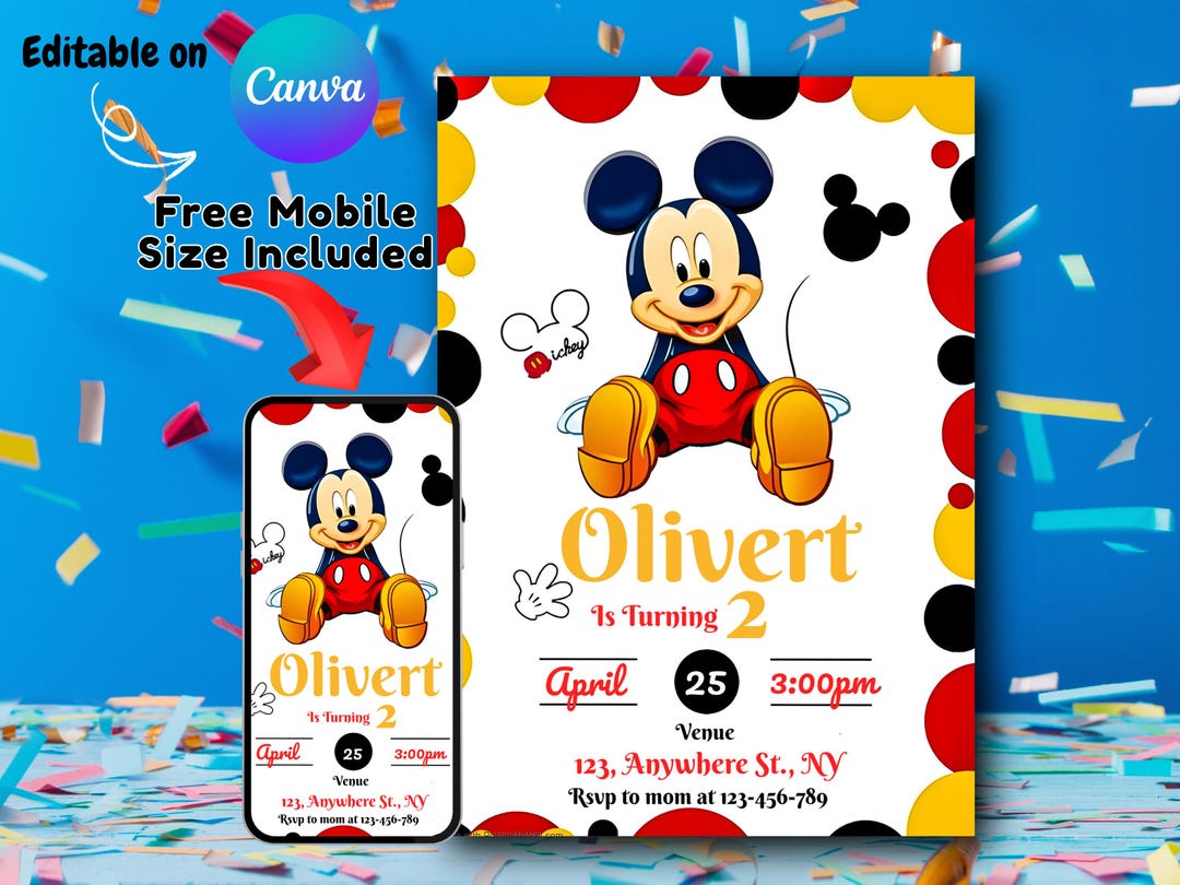 Mickey Mouse Birthday Invitation Editable Canva Template | Red and ...