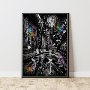 Fragments of Time - Surreal Urban Wall Art, Black and White Rainbow Poster, Street Art Print, Time Never Stands Still