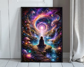 Portal der inneren Welten – Meditative Frau im Kosmos | Mystische Fantasy Wandkunst | Licht & Dunkelheit | Printable Art
