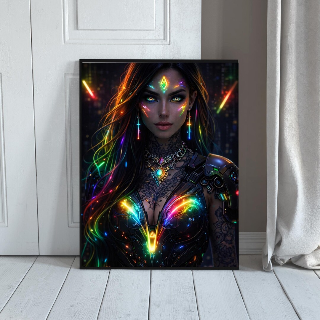Neon Cyberpunk Woman L Futuristic Digital Art L Rainbow Glow Portrait L ...