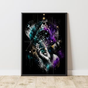 Abstract Geometric Hand Art Print | Surreal Double Exposure Wall Art | Modern Mystic Poster | Teal Purple Gold Digital Download