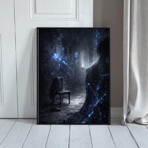 May include: A framed art print showing a dark, atmospheric scene. A figure stands in a dimly lit room with a chair and a coat. Blue lightning-like streaks illuminate the scene, creating a dramatic effect. The artwork is framed in a black border.