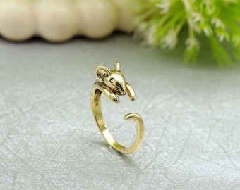 Maus offener Ring, Messing Tier Ring, verstellbarer Ratte Ring, niedlicher minimalistischer Schmuck, handgemachtes Boho Geschenk für sie