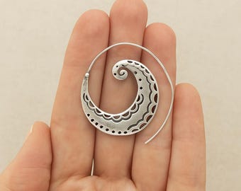 Bohemian Spiral Silver Hoop Earrings – Handcrafted Tribal Design