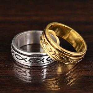 Anillo de pez cristiano, alianza de Ichthys, anillos de pareja de oro y plata, joyería de fe, anillo de promesa religiosa, anillos a juego