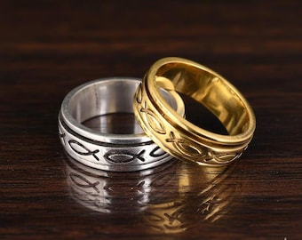Christian Fish Ring, Ichthys Wedding Band, Gold & Silver Couple Rings, Faith Jewelry, Religious Promise Ring, Matching Rings
