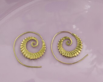 Handcrafted Brass Spiral Earrings – Tribal Boho Hoop Jewelry – Unique Artisan Statement Gift for Her – Festival Earrings