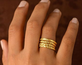 Gold Stacking Rings Set, Textured Gold Band Rings, Minimalist Handmade Jewelry, Boho Stackable Rings, Unique Gift for Her