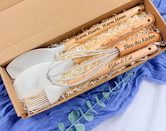 Personalized Housewarming Gift Box, Custom Engraved Kitchen Utensil Set, Silicone Cooking Tools with Wood Handle, New Home Gift Ideas