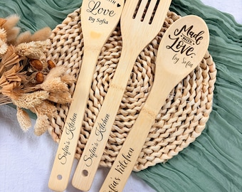 Engraved Bamboo Spoon Spatula Set, Personalized Chef Gift, Grandma's Kitchen Decor, Custom Wood Cooking Tools, Gift for Mom, Baker Gift