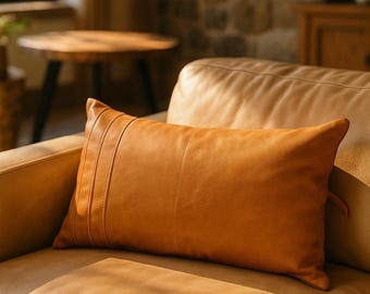 Puede incluir: Un cojín rectangular de cuero color canela con una superficie lisa y tres líneas verticales cosidas en el lado izquierdo. El cojín está colocado sobre un sofá de cuero del mismo color, mostrando un tono y textura uniformes.