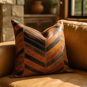 Puede incluir: Un cojín decorativo con un patrón de chevrón. El cojín presenta un diseño de patchwork de tiras de cuero marrón, negro y beige. El cojín está colocado sobre un sofá de cuero marrón, creando una estética cálida.