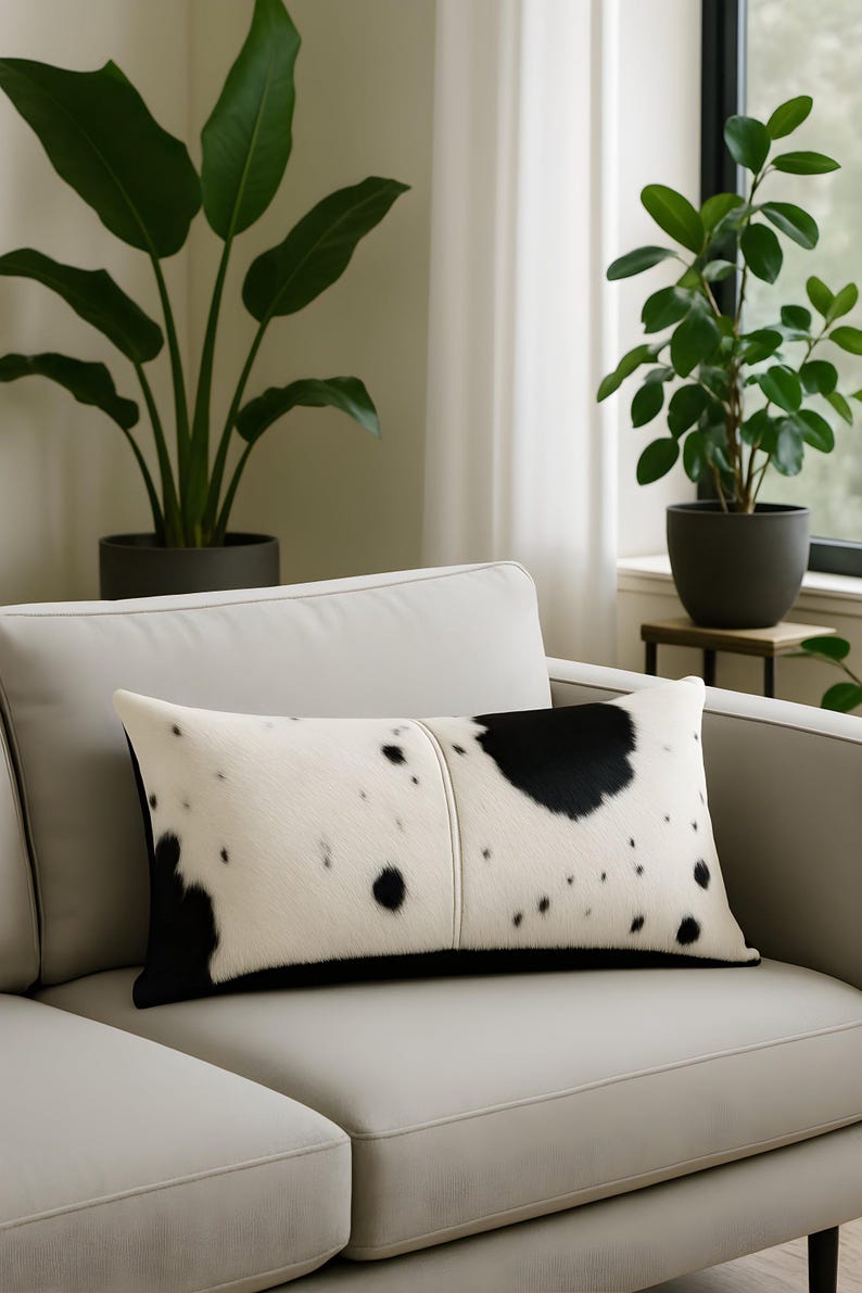 Luxury Black & White Cowhide Cushion – Rectangle Pillow Cover (Handcrafted) image 6