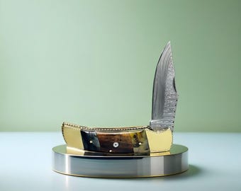 Damascus Steel Folding Knife: Gold Accents, Custom Handmade