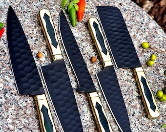 Handmade Damascus Chef Knife Set: Resin Handle, Leather Sheath (5 Pcs)