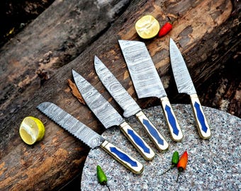 Handmade Damascus Chef Knife Set: Resin Handle, Leather Sheath (5 Pcs)