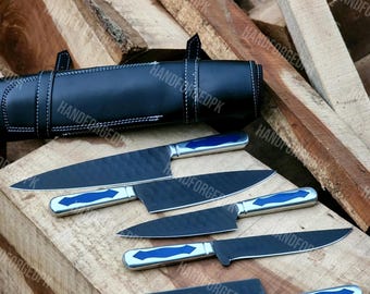 Handmade Chef Knife Set: Resin Handle, Leather Sheath, 5 Piece