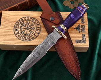 Handmade Damascus Steel Athame Dagger –Engraved Hunting Knife .Personalized gift for him,her.