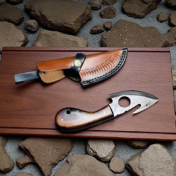 Hand-Forged Damascus Gut Hook Knife | Premium Wood Handle, Leather Sheath