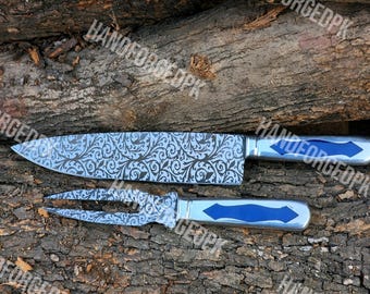 Handmade Damascus Steel Knife and Fork Set: Exotic Resin Handle