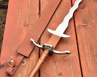 Handmade Viking Kris Sword Replica – Medieval Longsword with Leather Wrapped Handle & Sheath