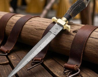 Handmade Damascus Steel Commando-Style Dagger Knife Replica | 13" Double-Edged Collectible with Leather Sheath