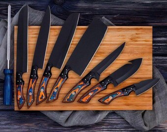 8 Pcs Damascus Steel BBQ Chef Set, handmade Kitchen knives, Hand Forged , Anniversary gift.
